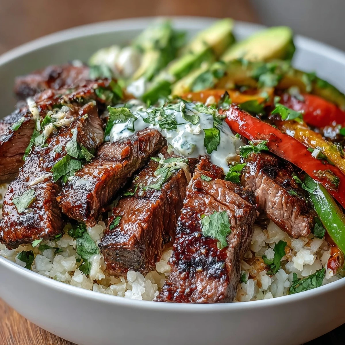 Close-up of a Tex-Mex Steak Fajita Bowl topped with melted cheese and a dollop of sour cream.