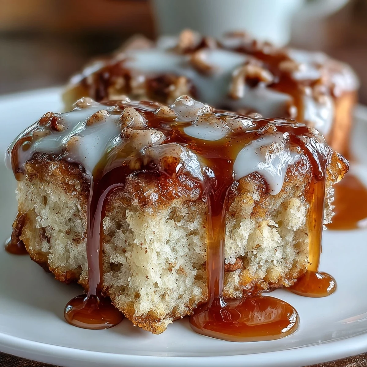 Golden Maple Donut Bars on a marble countertop, drizzled with luscious maple glaze and topped with a sprinkle of cinnamon.