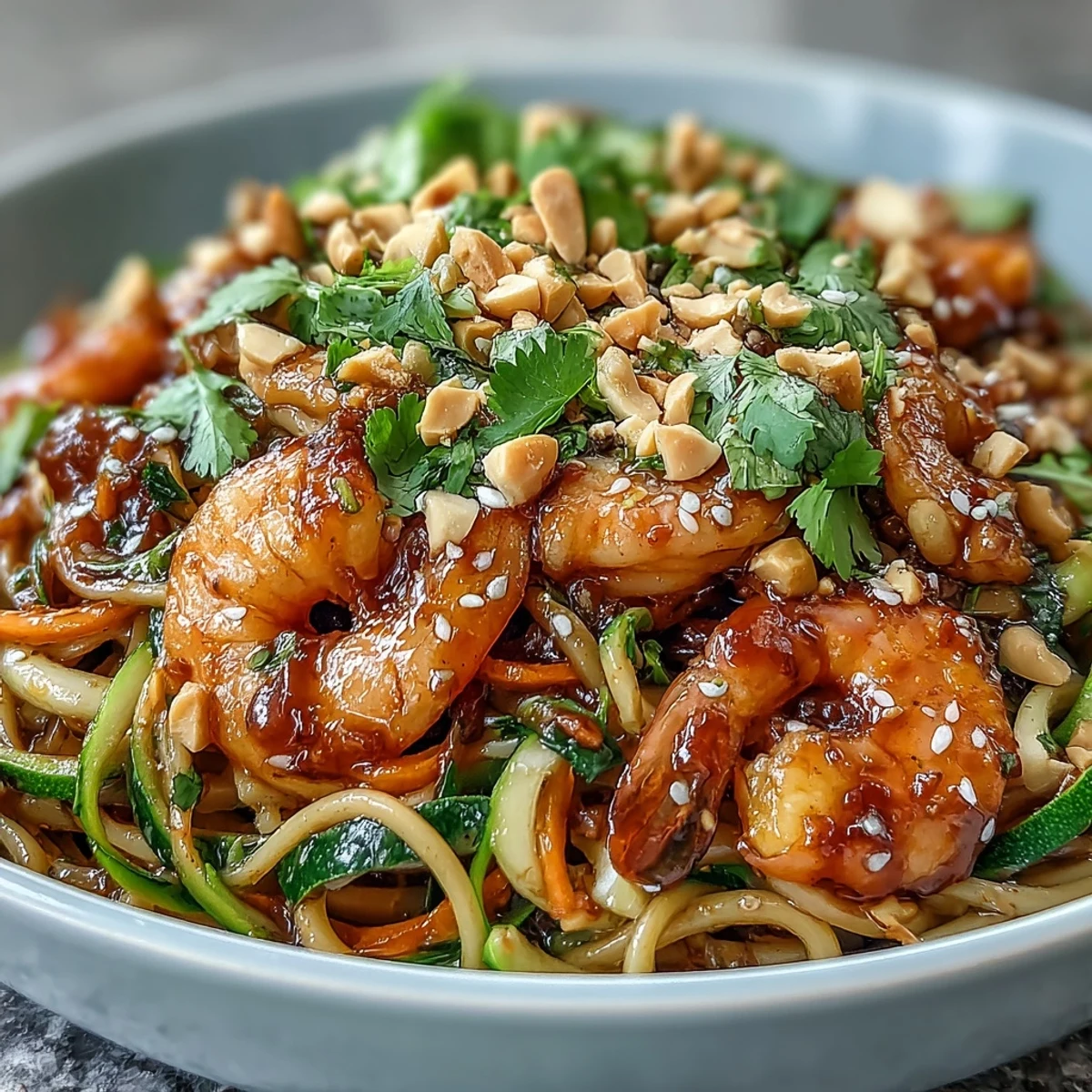 Vibrant Asian Noodle Bowl with crisp vegetables, tender shrimp, and savory sauce topped with peanuts.