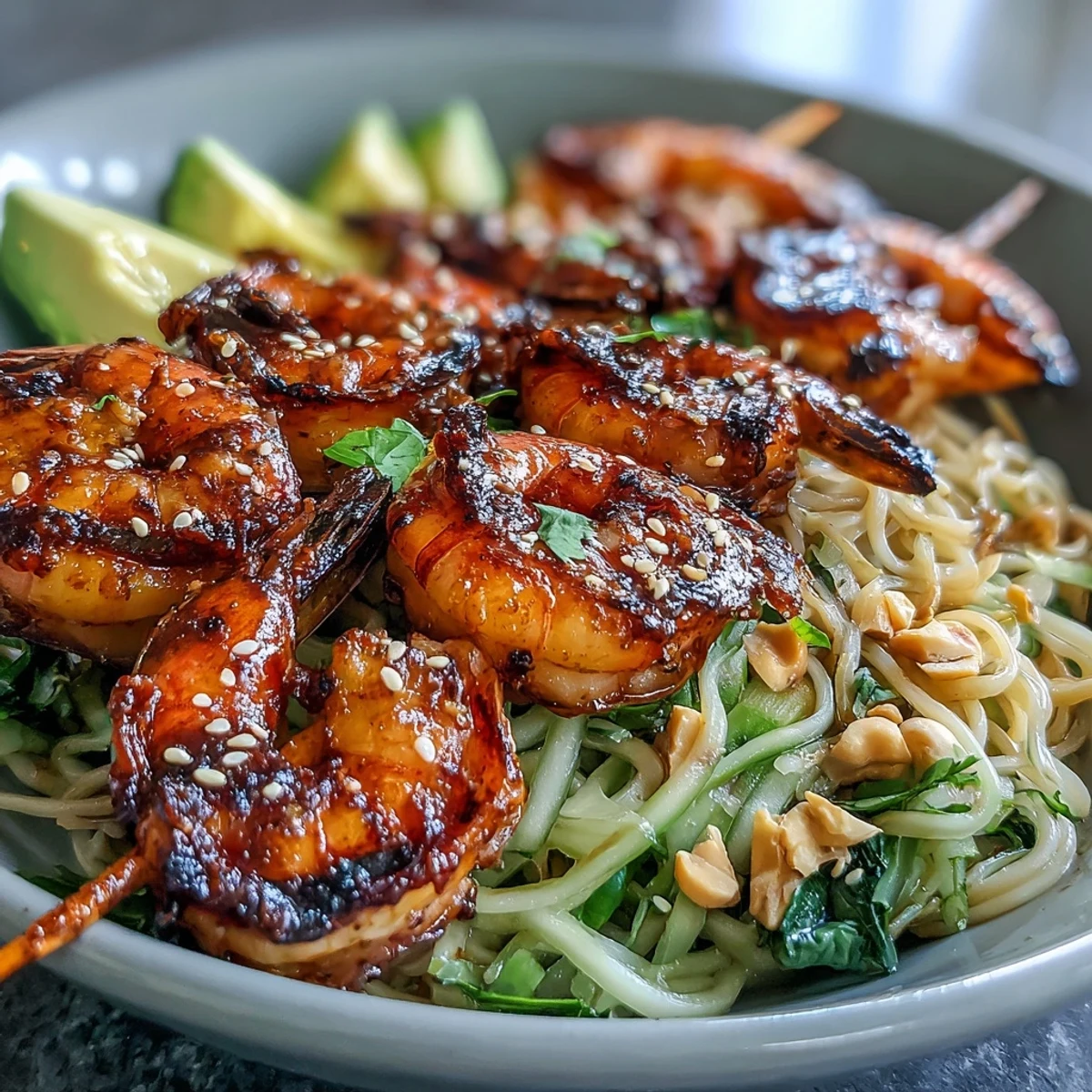 Smoky grilled shrimp atop sesame noodles with fresh, crisp vegetables and creamy avocado.