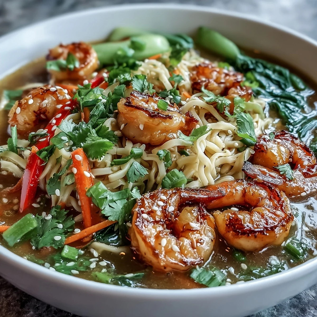 Vibrant Asian Noodle Bowl overflowing with fresh vegetables, shrimp, and scallops.