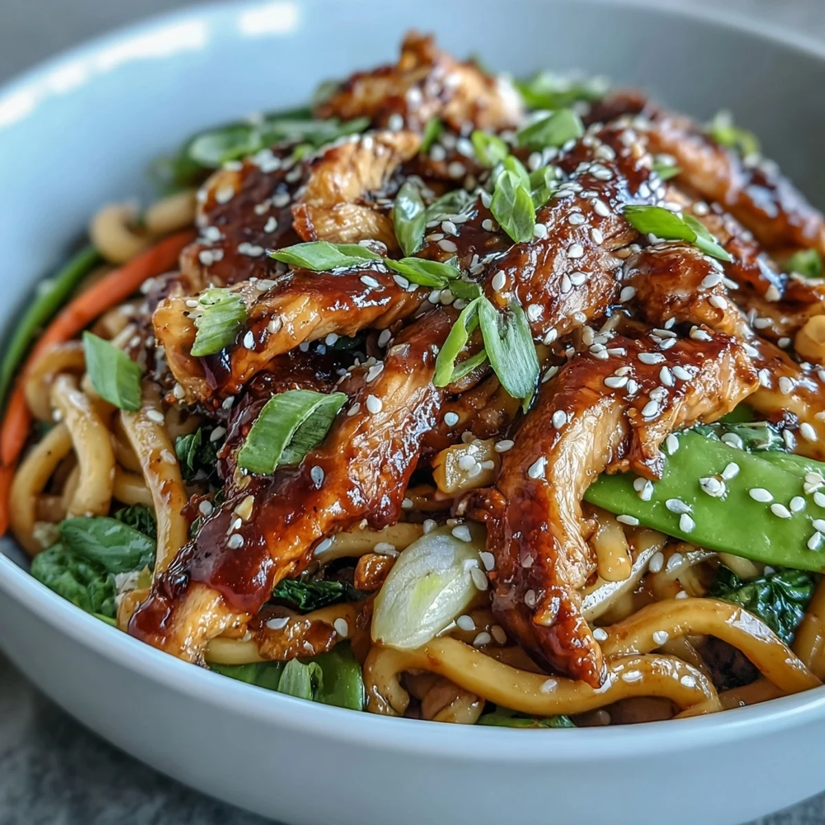 Vibrant Sesame Chicken Noodle Bowl with crisp vegetables and a glossy, savory sauce.