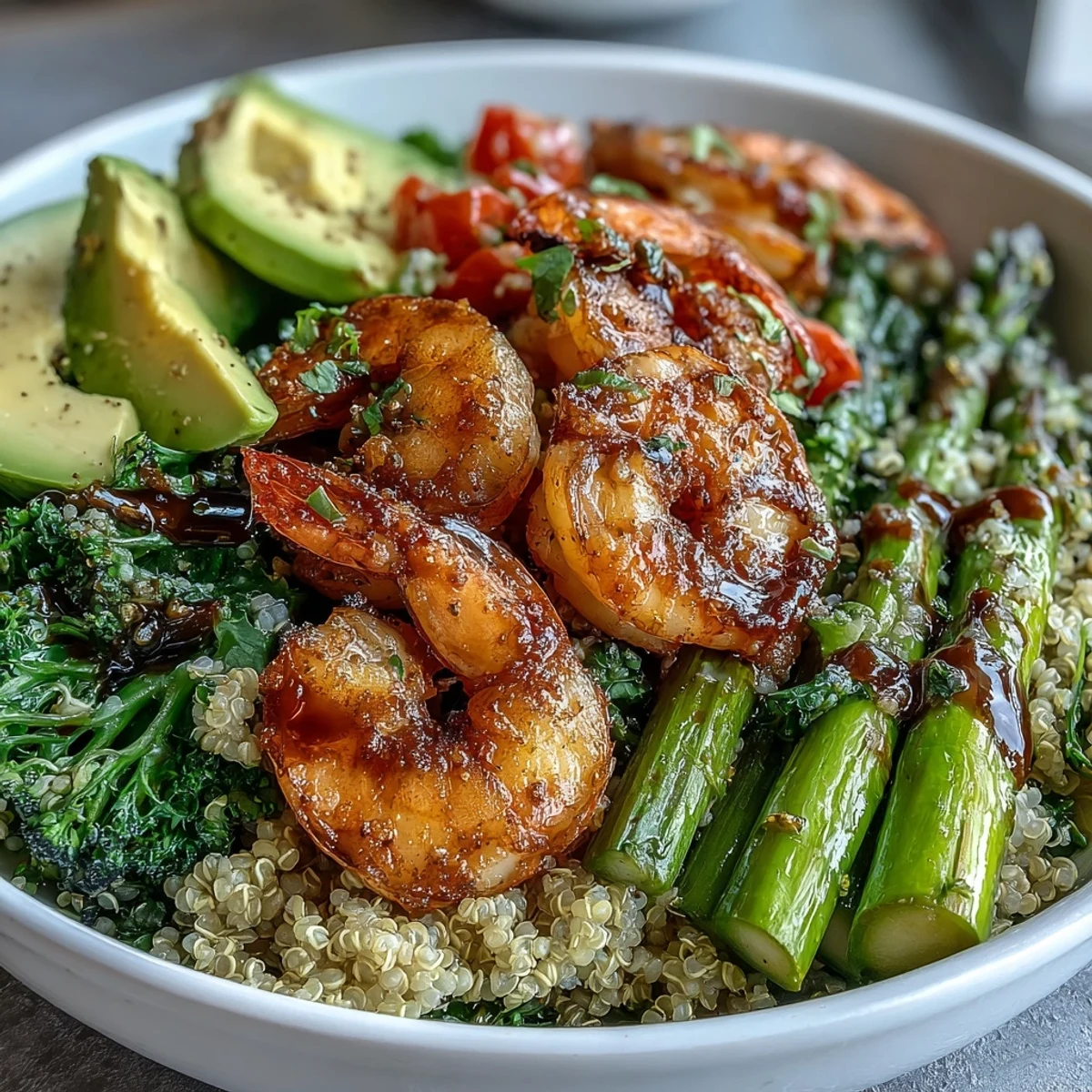 Vibrant Rainbow Vegetable Detox Bowl with perfectly cooked shrimp and creamy avocado.