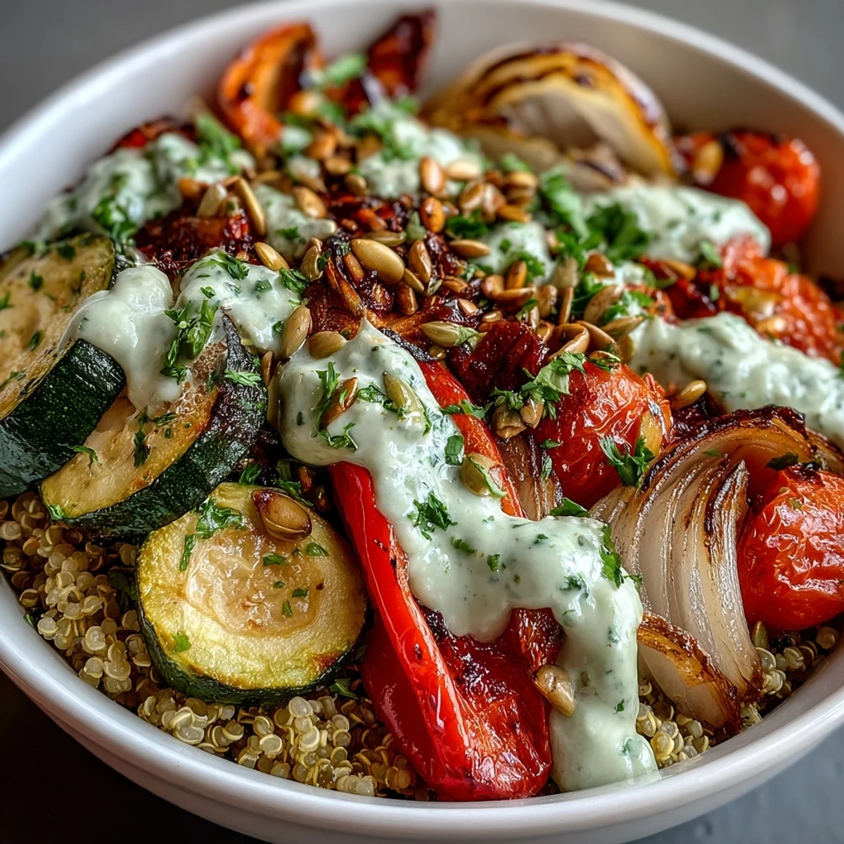 Colorful roasted vegetables top a bed of fluffy quinoa, drizzled with tahini.