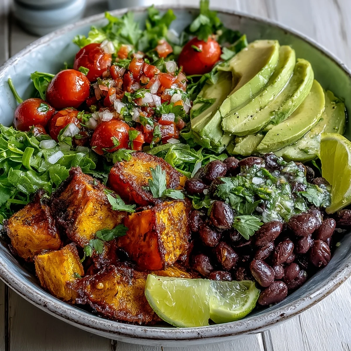 Roasted sweet potatoes and black beans in a bowl, topped with avocado and fresh salsa next to vibrant greens.