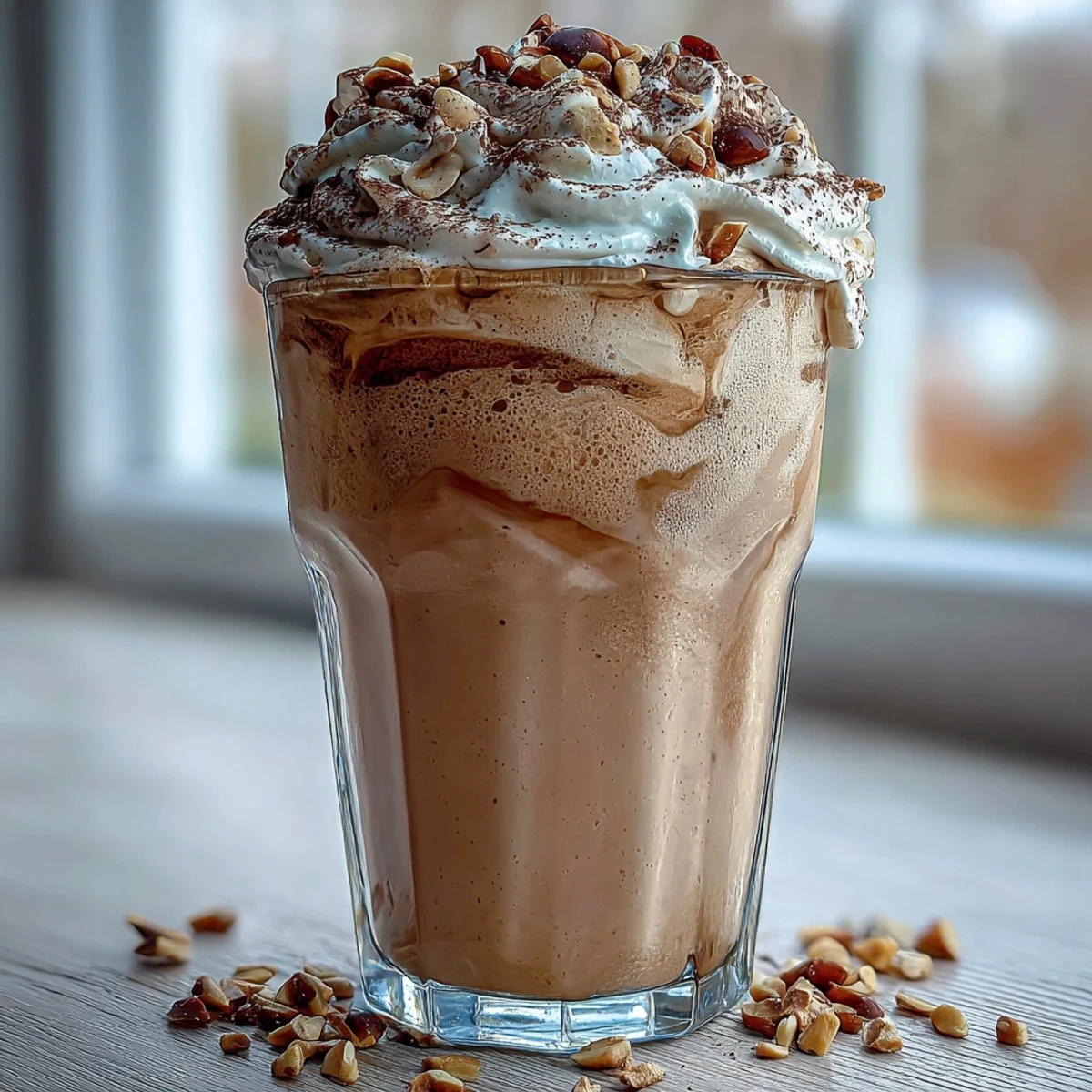 A creamy Hojicha milkshake in a chilled glass topped with whipped cream and a sprinkle of roasted tea powder.  