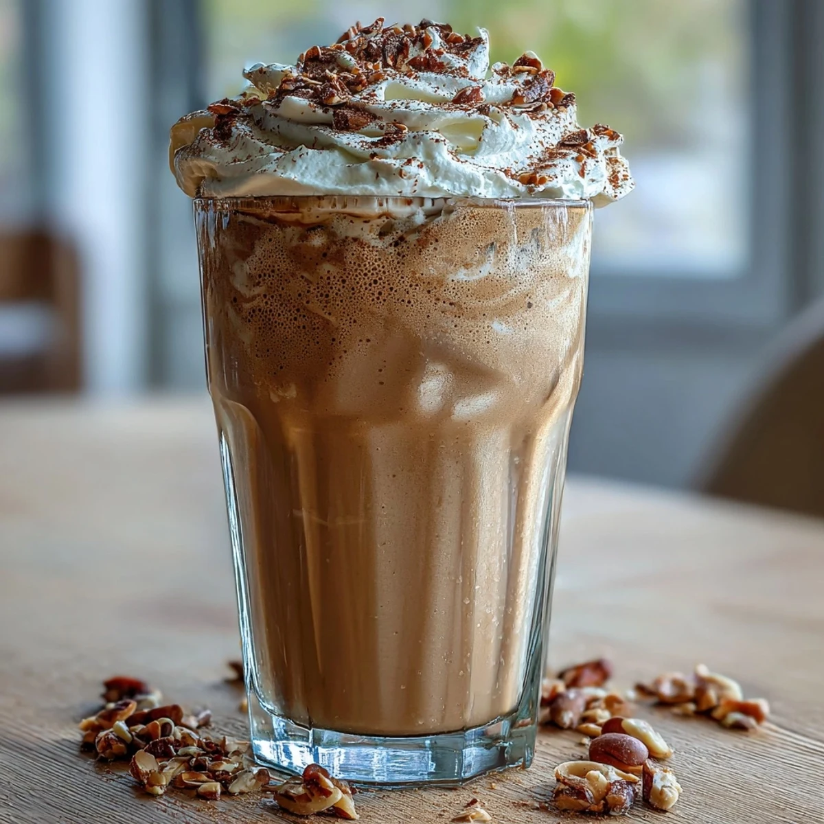 Rich Hojicha milkshake blended with vanilla ice cream, served with a straw next to a small bowl of crushed nuts.  