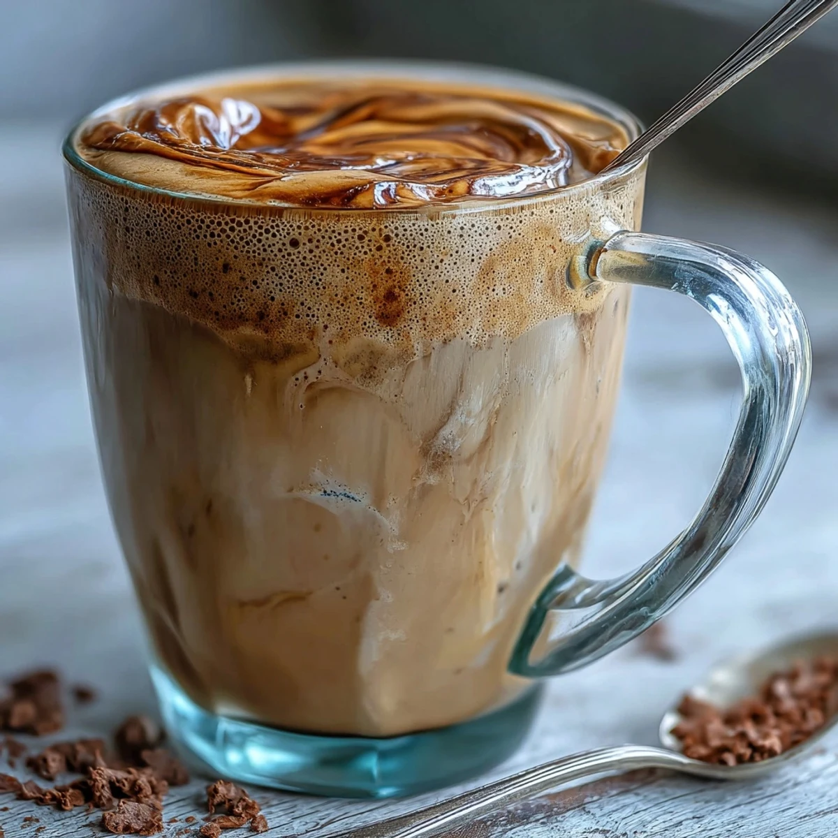Frothy, dairy-free Hojicha Latte with Vanilla Extract poured into a glass cup, showing rich caramel tones against a warm, softly lit backdrop.
