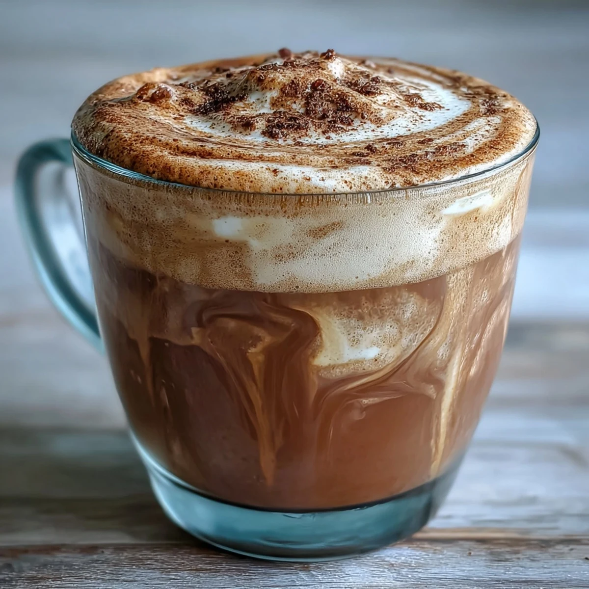 A comforting Hojicha Flat White in a cozy kitchen, steam rising from the toasty, nutty beverage.