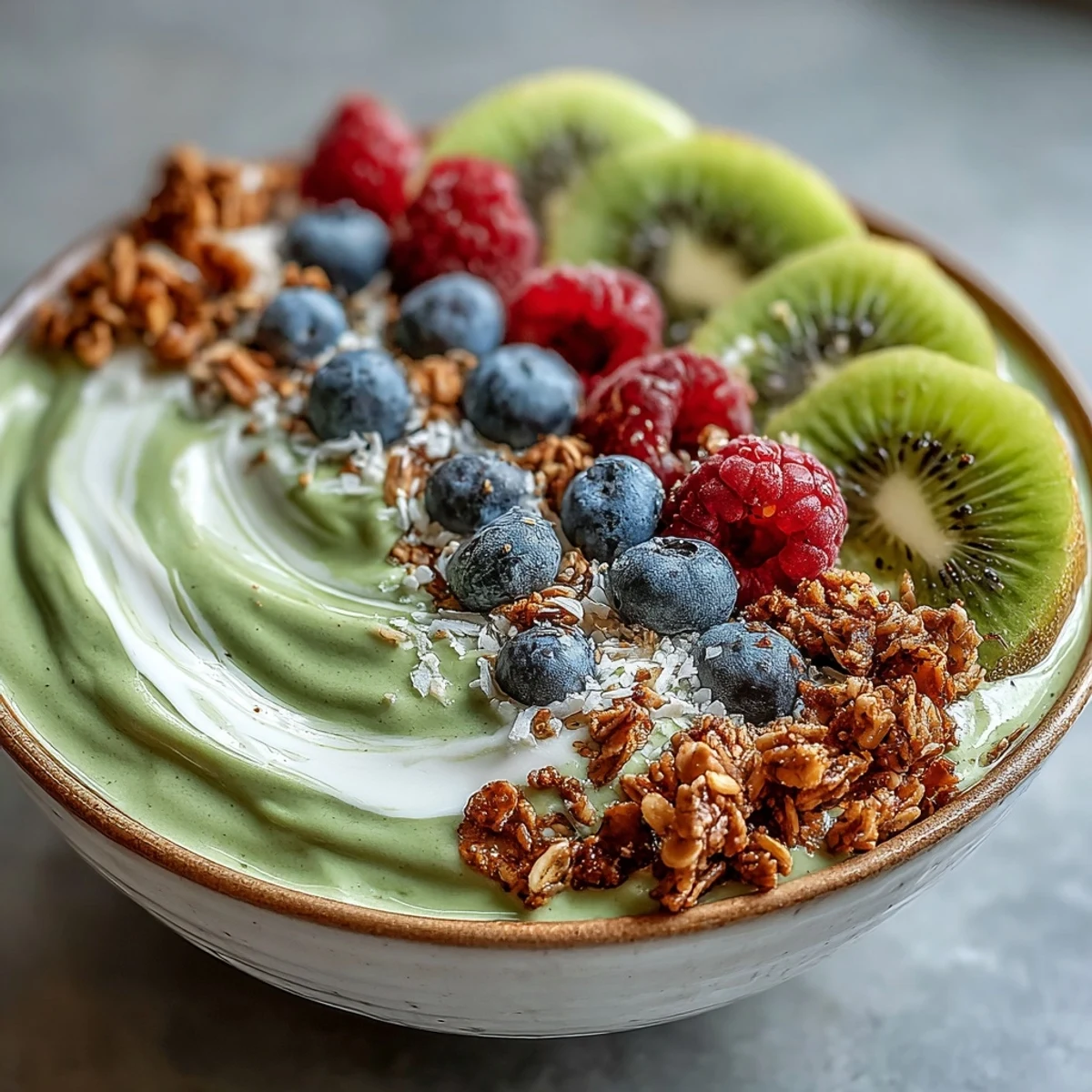 A vibrant Hojicha Smoothie Bowl topped with fresh berries, sliced kiwi, and crunchy granola on a rustic kitchen table.