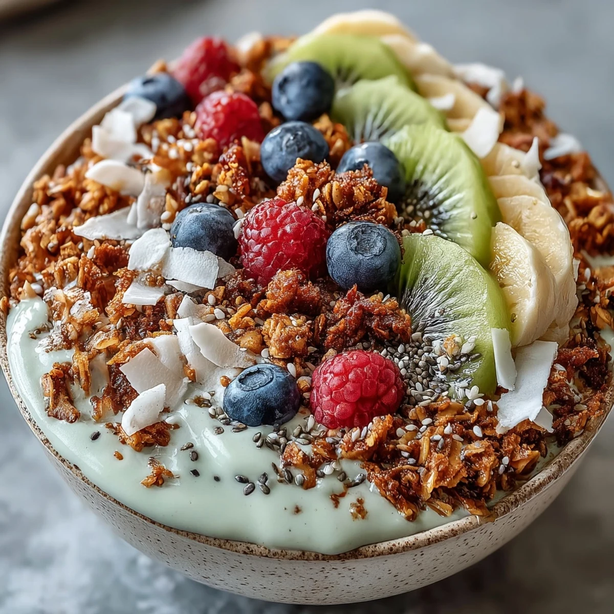 Creamy blended Hojicha Smoothie Bowl garnished with fresh fruit, chia seeds, and coconut flakes for a nourishing, dairy-free breakfast.