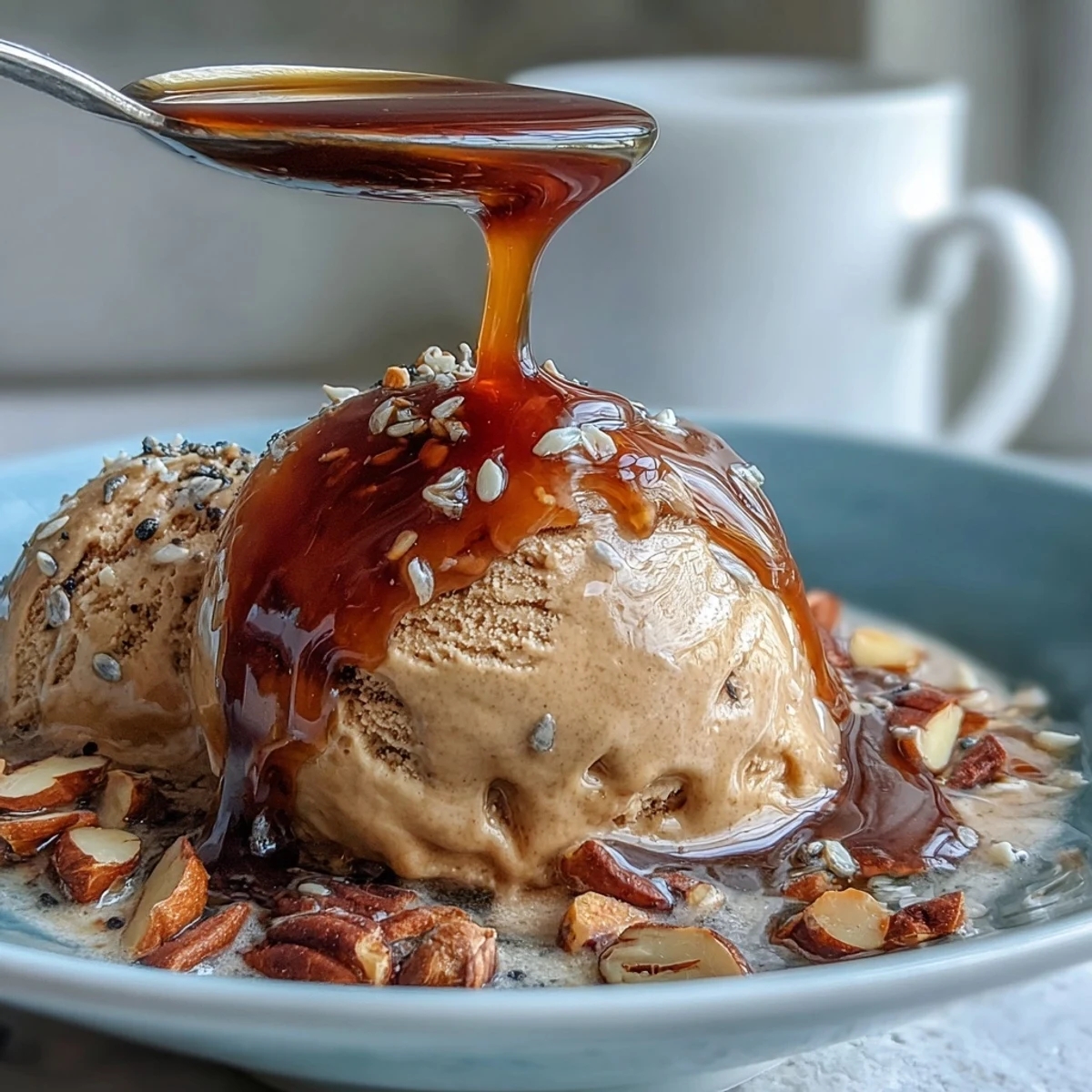 Creamy vanilla ice cream melts under steaming roasted hojicha tea in this Hojicha Affogato.