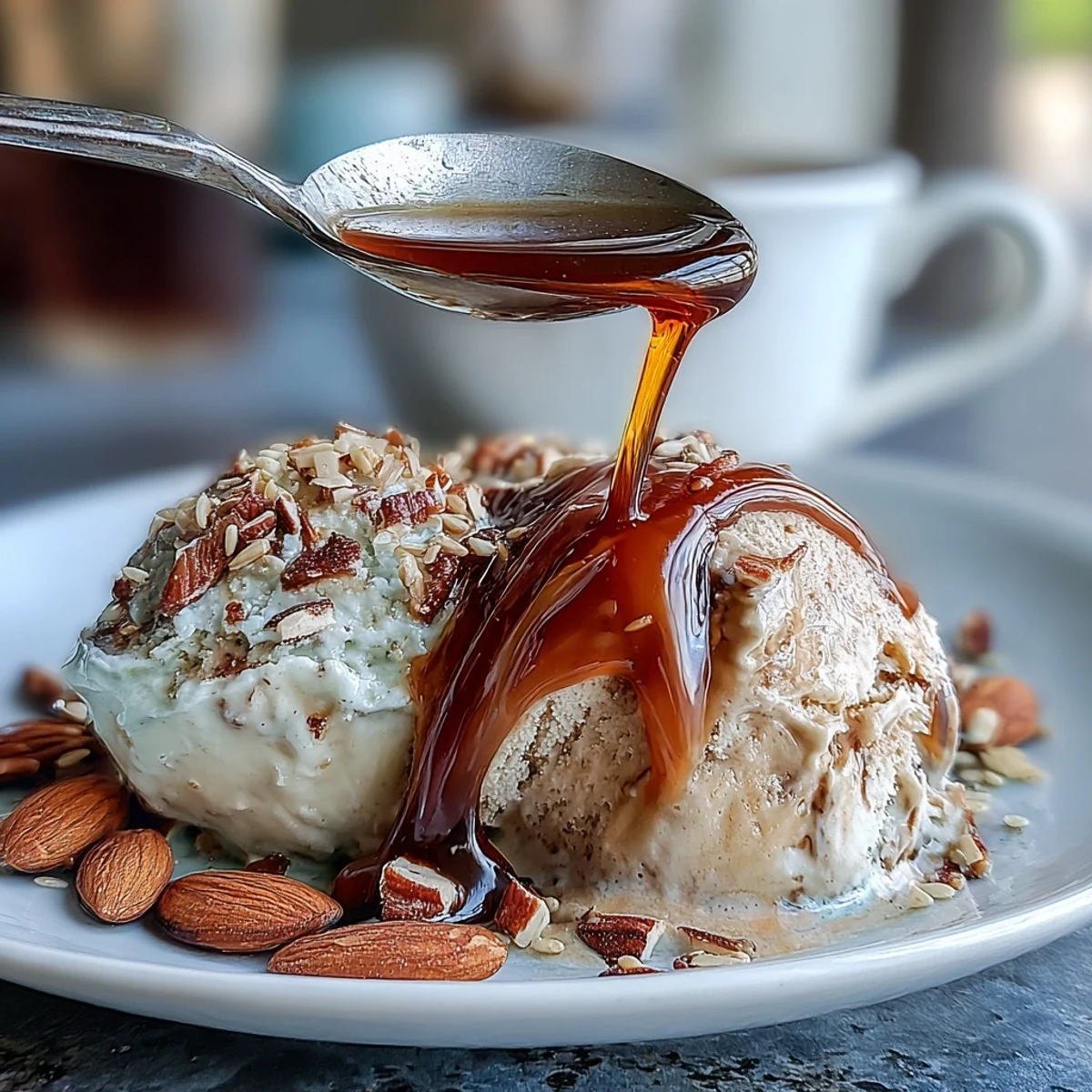 Decadent Hojicha Affogato dessert with vanilla ice cream drenched in rich, nutty roasted green tea.