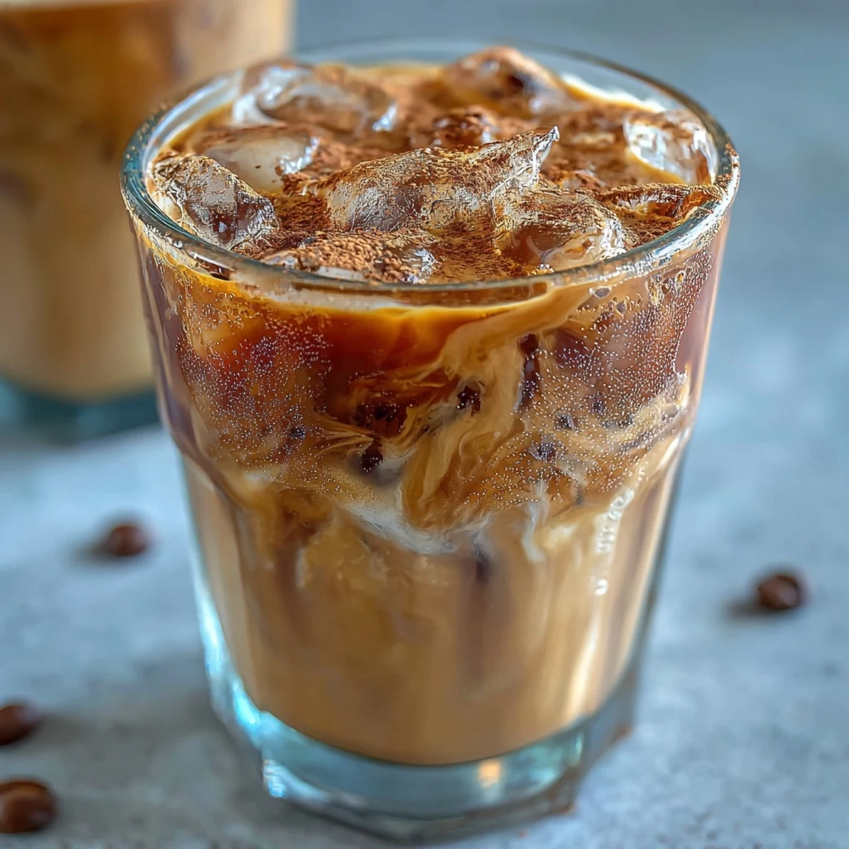 A refreshing glass of Iced Hojicha with Cinnamon featuring hojicha loose leaf tea, milk, and cinnamon garnish on a rustic wooden table.