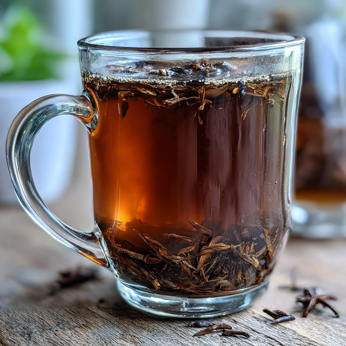 A steaming mug of Hojicha Americano highlights the roasted, tea leaves steeped in hot water for a robust, coffee-like flavor.