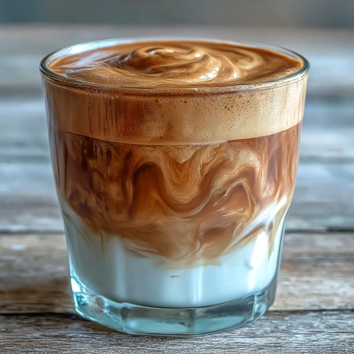 A close-up of a creamy Hojicha Cortado in a ceramic cup, steam rising from the rich, roasted tea and frothy milk.