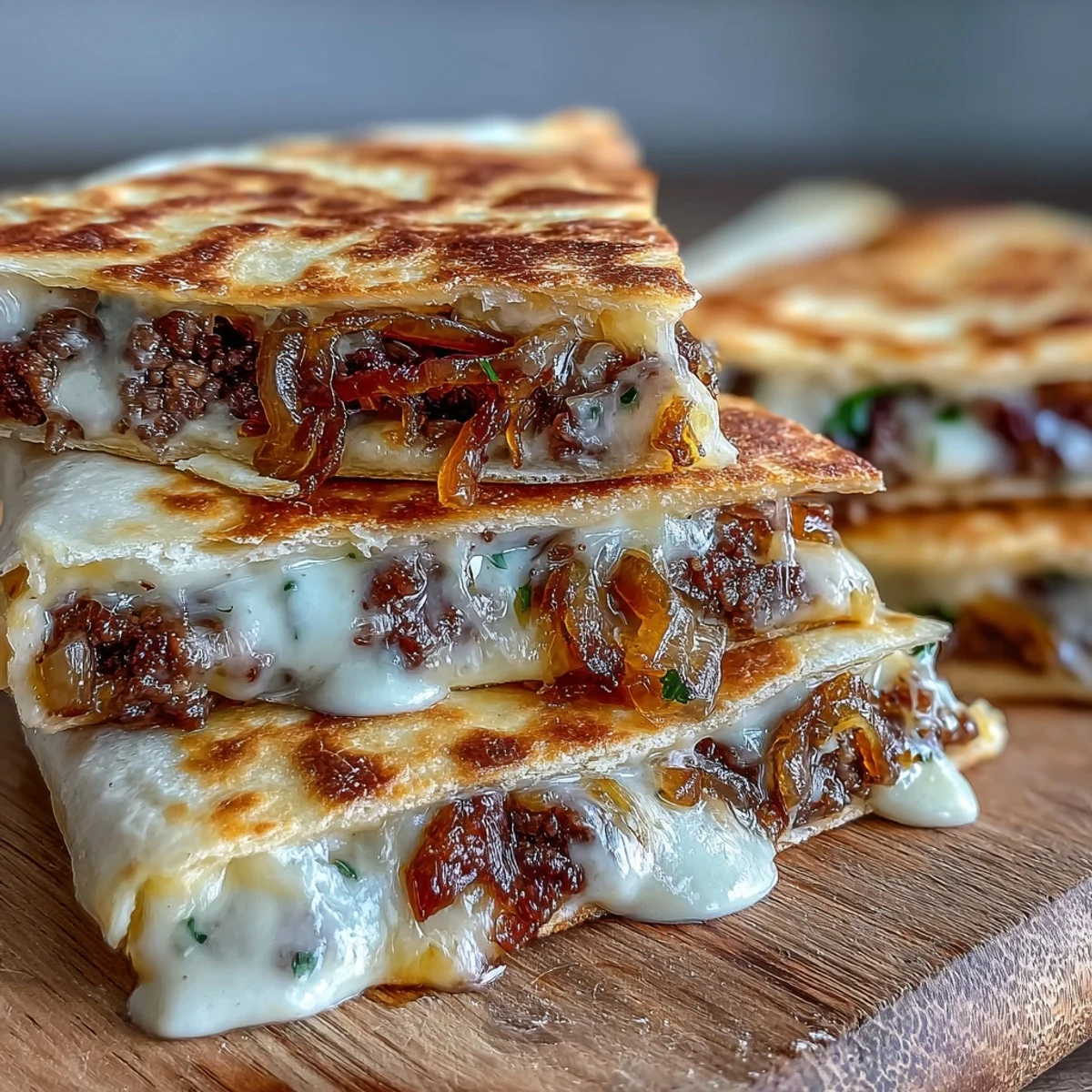 Golden-brown Cheesy Griddled Smashburger Quesadillas resting on a wooden board, oozing with melted cheddar and American cheese.