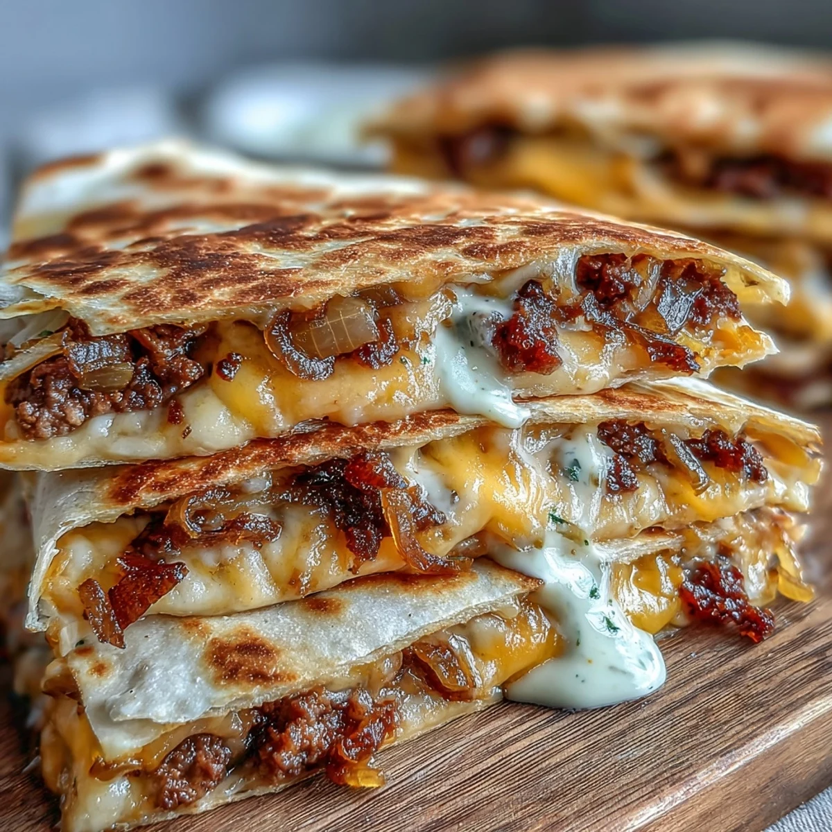 Stack of Cheesy Griddled Smashburger Quesadillas topped with fresh cilantro and pickles, served with a creamy mustard sauce.