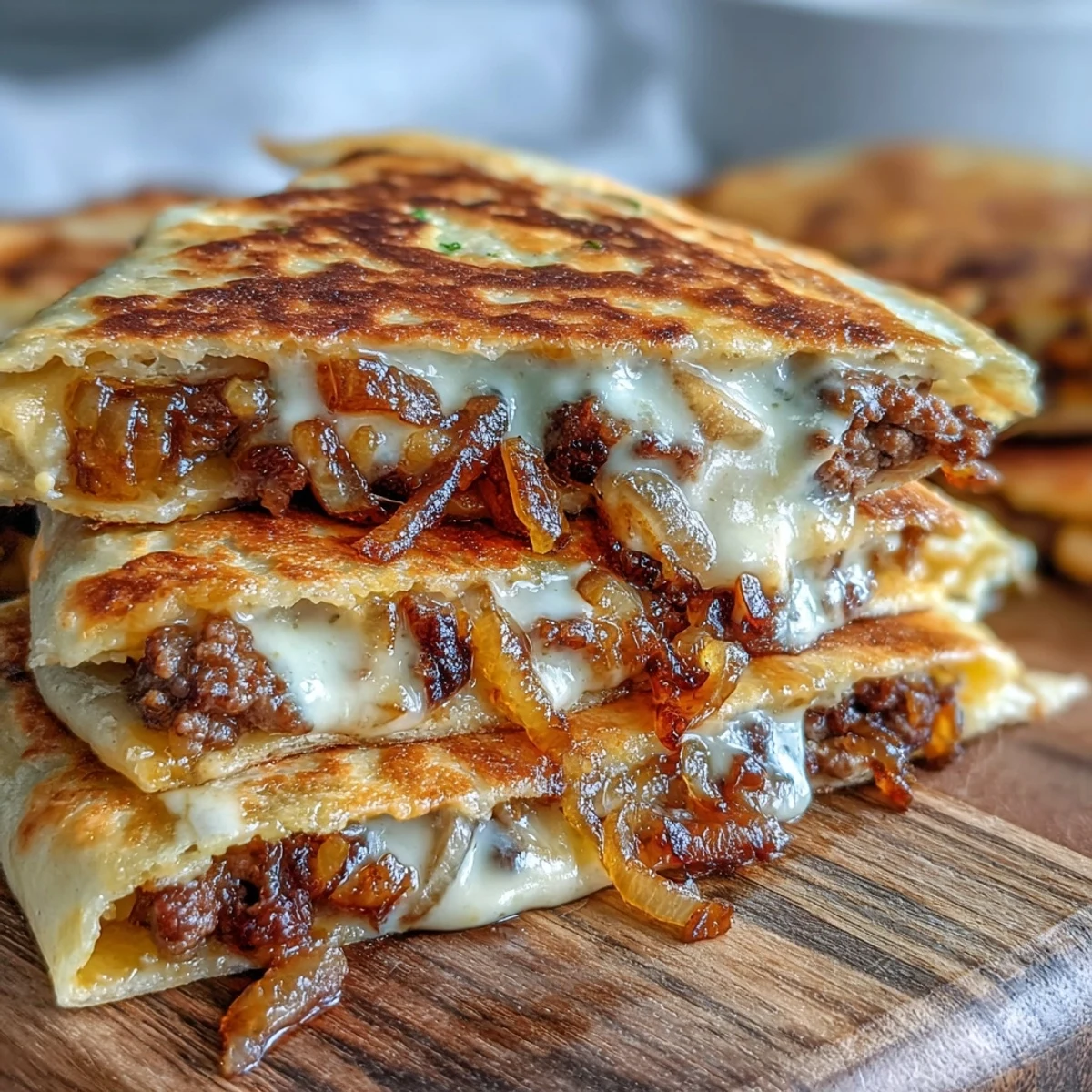 Close-up of crispy tortilla wedges revealing juicy smashburger patties and sweet onions in Cheesy Griddled Smashburger Quesadillas.