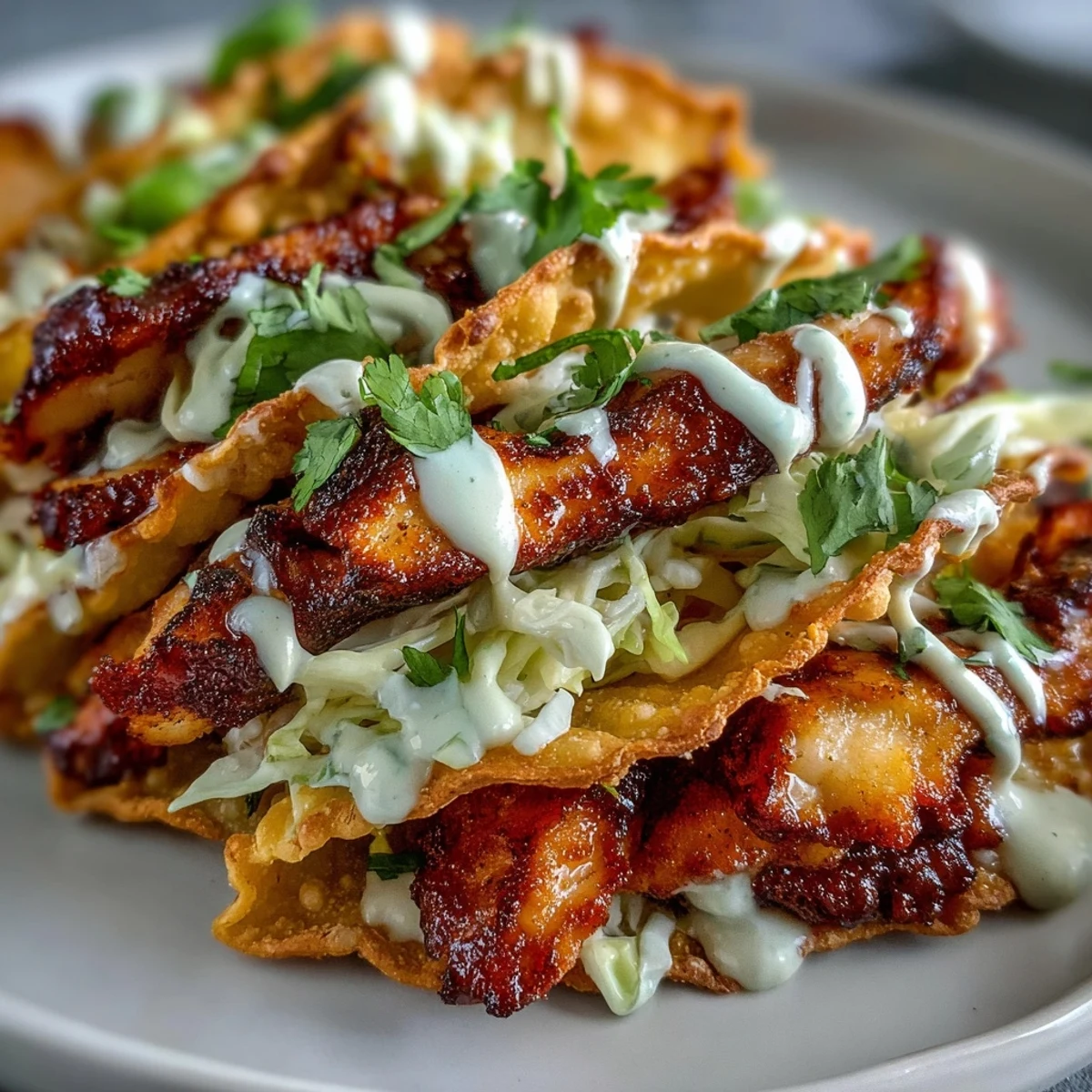 Golden-brown, crispy wonton taco shells stuffed with smoky ginger chicken, bright slaw, and creamy sriracha mayo. 