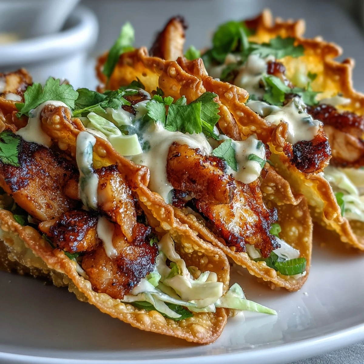 Hot Crispy Chicken Wonton Tacos are garnished with fresh cilantro and served with lime wedges for a tangy squeeze. 