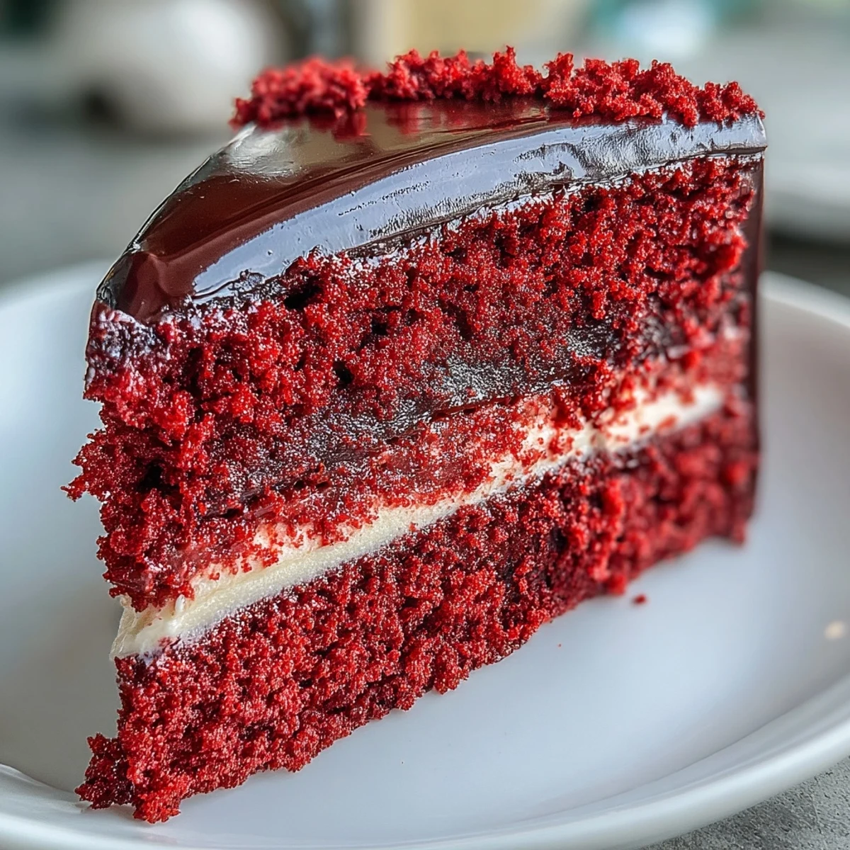 A slice of Betty Boop Cake reveals velvety red layers and tangy cream cheese buttercream, perfect for a birthday party.