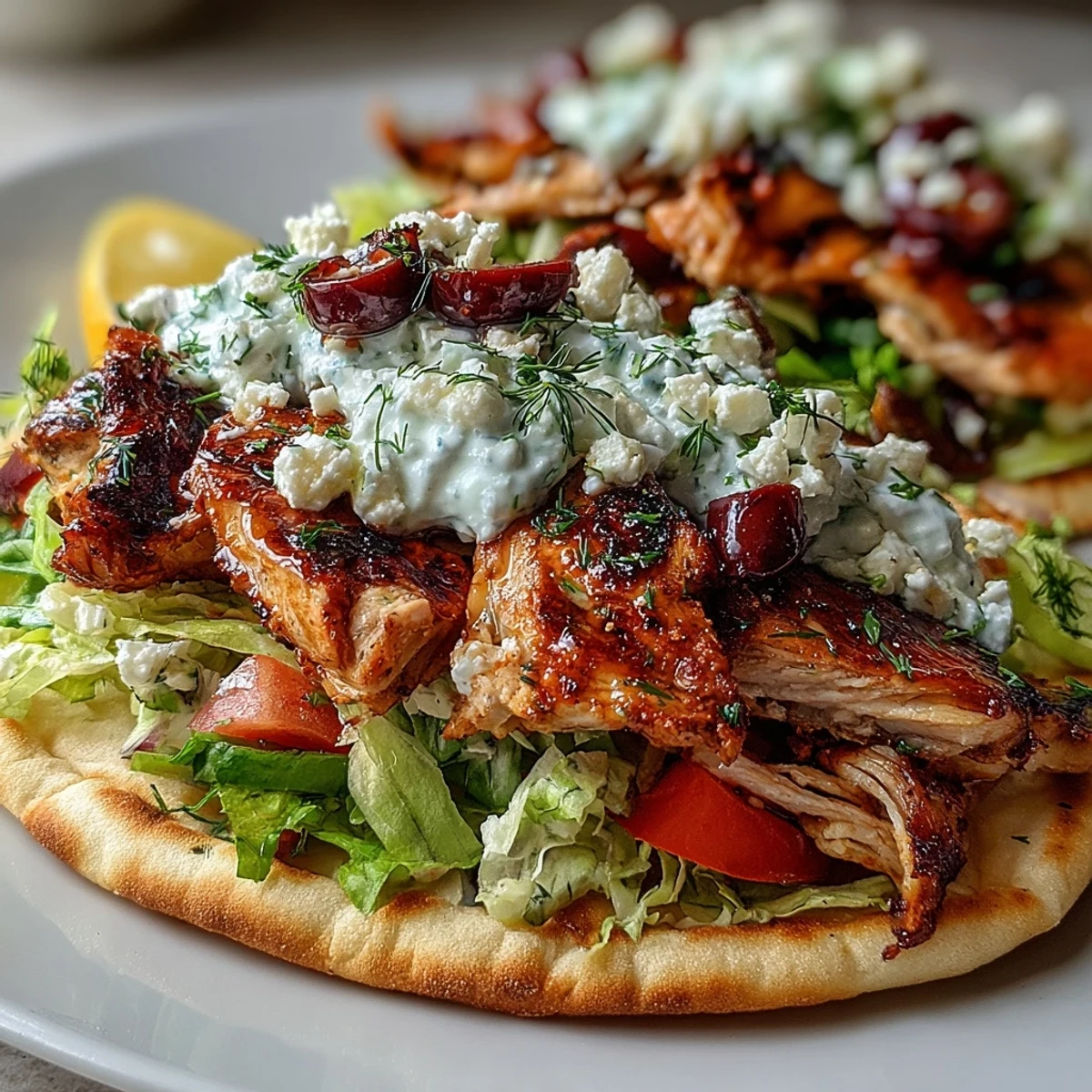 Juicy, charred Mediterranean Chicken Gyros topped with creamy feta tzatziki and fresh vegetables in warm pita bread.