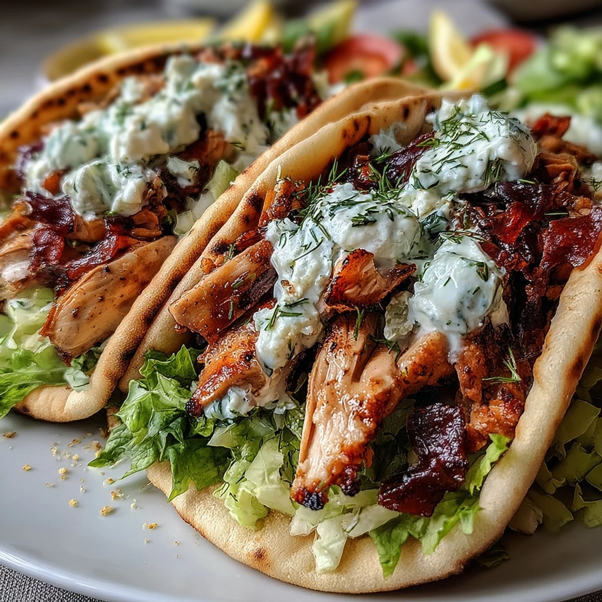 Freshly assembled Mediterranean Chicken Gyros with crisp lettuce, tomatoes, and tangy feta tzatziki served with lemon wedges.