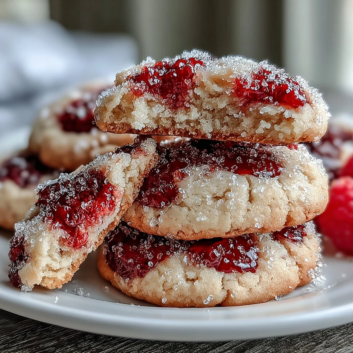 Freshly baked Soft Chewy Raspberry Sugar Cookies on a cooling rack with sparkling sugar crust and visible raspberry pieces. 