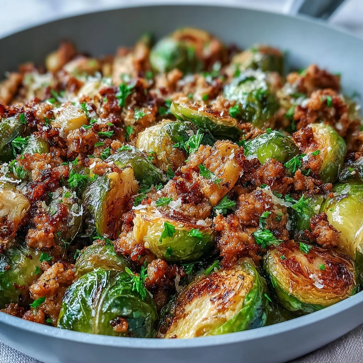 Golden-brown Brussels sprouts and savory ground turkey sizzle with garlic and paprika in a hot skillet.
