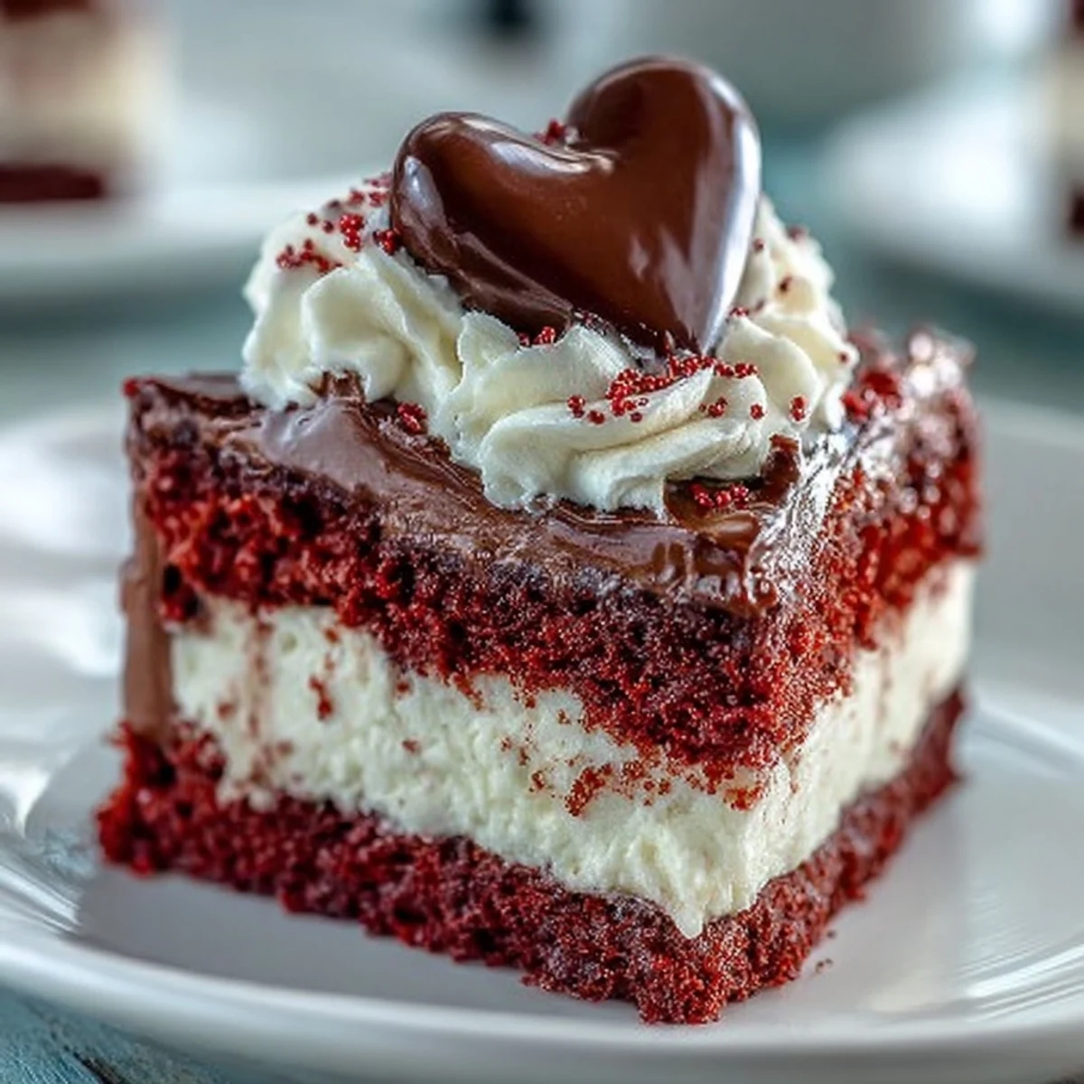 Finished red Betty Boop heart cake with soft crumb and velvety cream cheese frosting, topped with a crisp dark chocolate silhouette on a white plate.