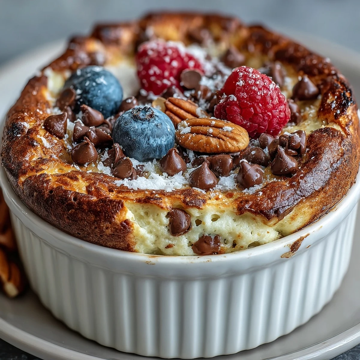 Golden-brown Baked Protein Pancake Bowl fresh from the oven, topped with peanut butter and sliced banana for a delicious high-protein breakfast.