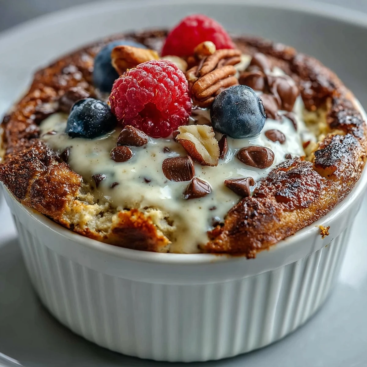 Warm and gooey Baked Protein Pancake Bowl dusted with powdered sugar, served with a glass of orange juice for an energizing start.