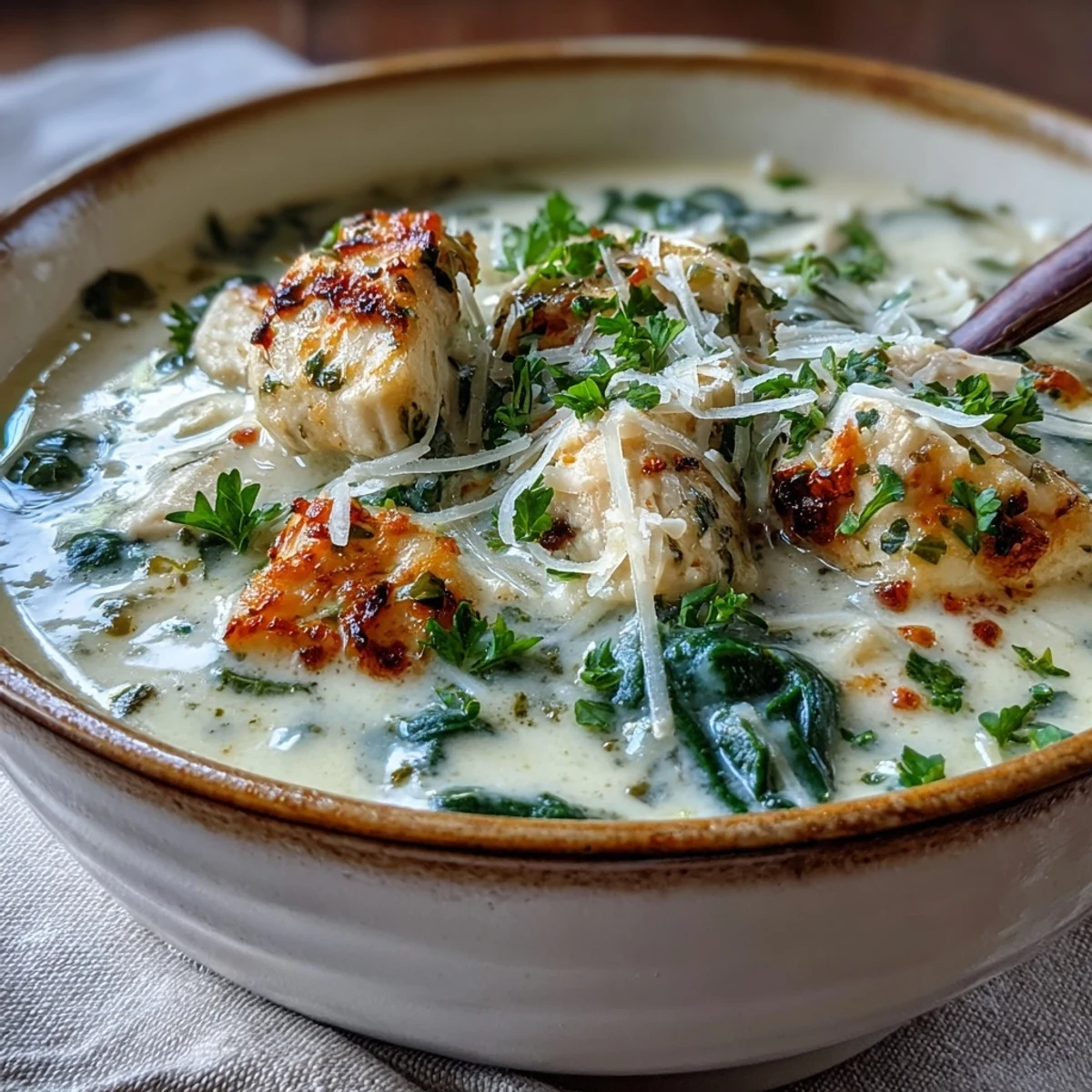 Creamy Garlic Parmesan Chicken Soup with tender chicken pieces and fresh spinach garnished with parsley.  