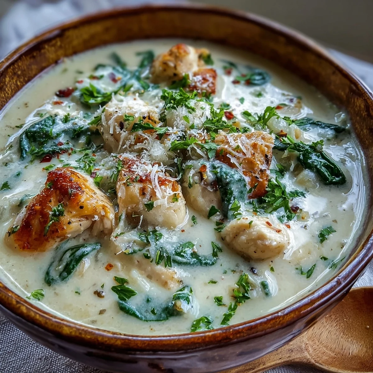 Garlic Parmesan Chicken Soup served hot, featuring golden chicken, aromatic herbs, and a velvety, creamy broth.