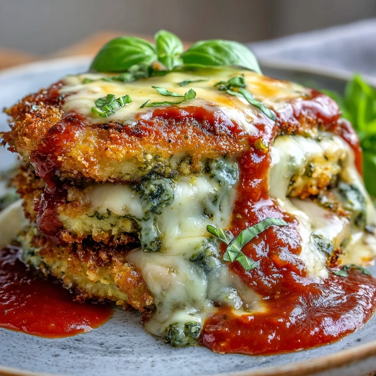 Golden-brown breaded chicken breasts baked with melted mozzarella and Parmesan, topped with fresh pesto and marinara sauce, served hot on a plate.