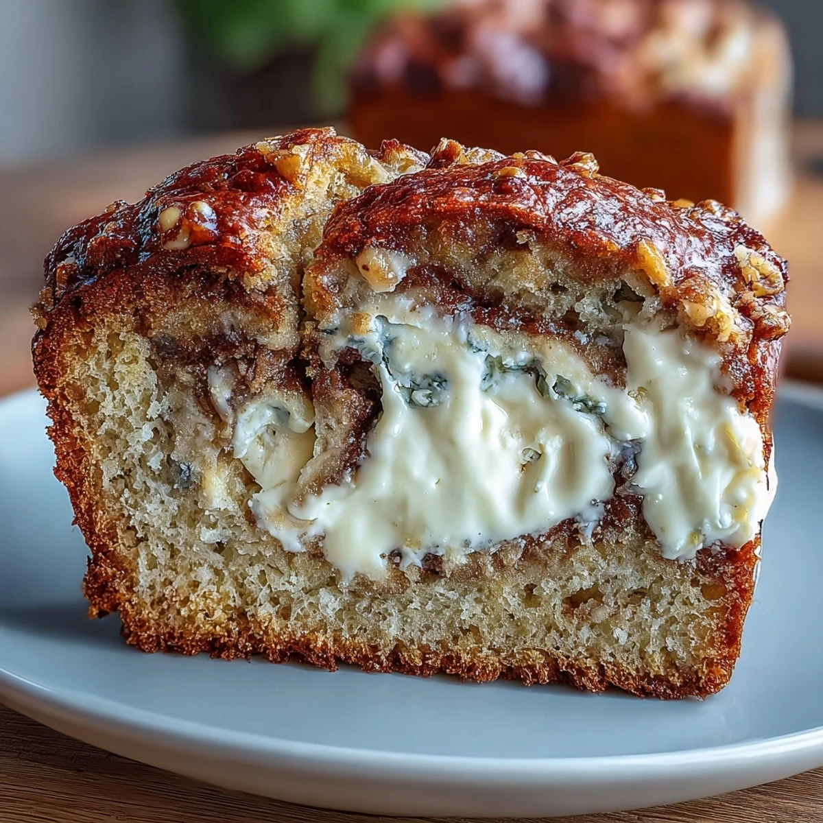 A thick slice of cream cheese cinnamon swirl banana bread shows a moist crumb and a rich, creamy filling.  