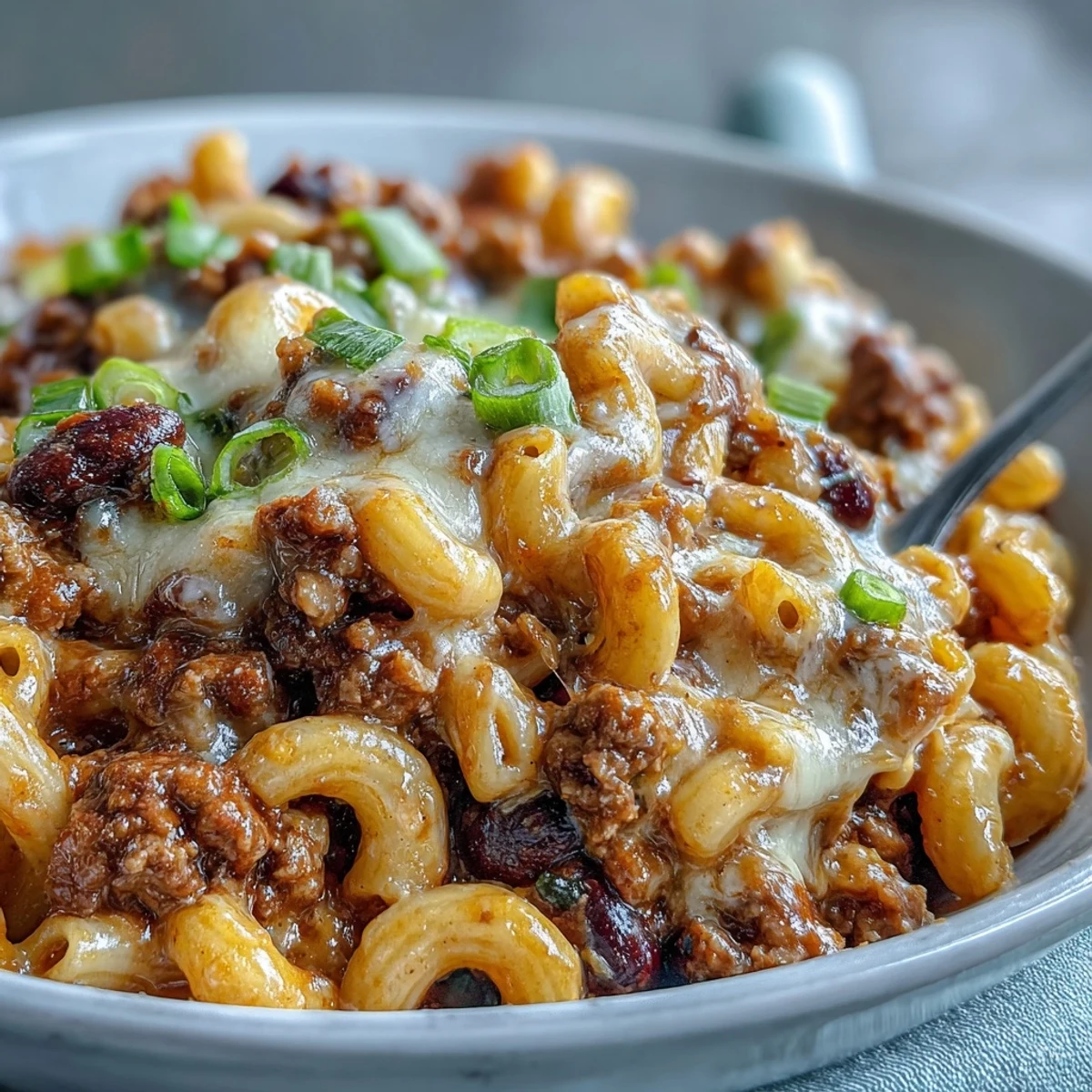 Creamy One-Pan High Protein Chili Mac with ground beef, cheddar, and smoky spices served in a rustic bowl.  