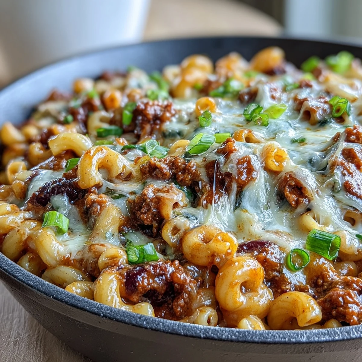 Hearty One-Pan High Protein Chili Mac topped with green onions, sour cream, and crushed tortilla chips for a weeknight meal.  
