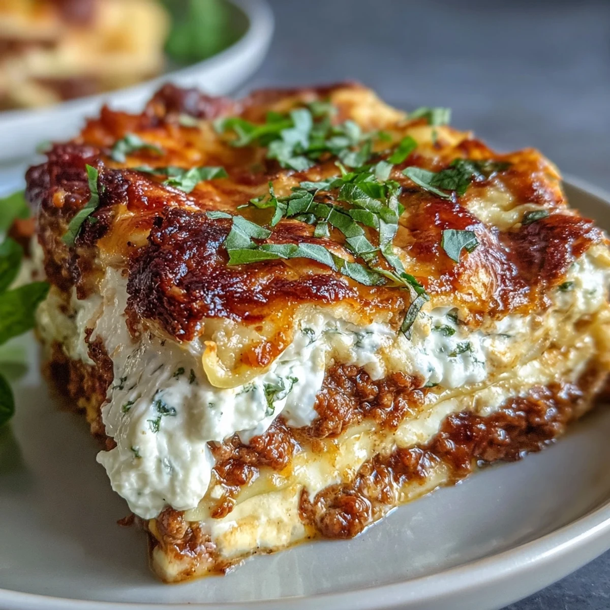 A slice of Worlds Best Lasagna on a plate with fresh basil garnish, served alongside a simple green salad.  