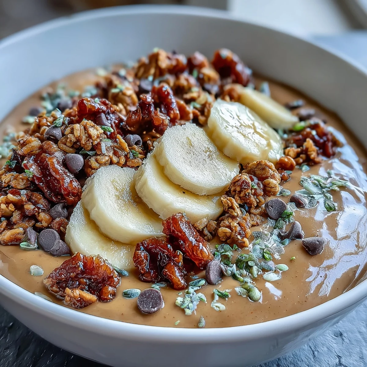 A thick and creamy bowl of Chunky Monkey Smoothie Bowls topped with sliced bananas, crunchy granola, and chocolate chips.  