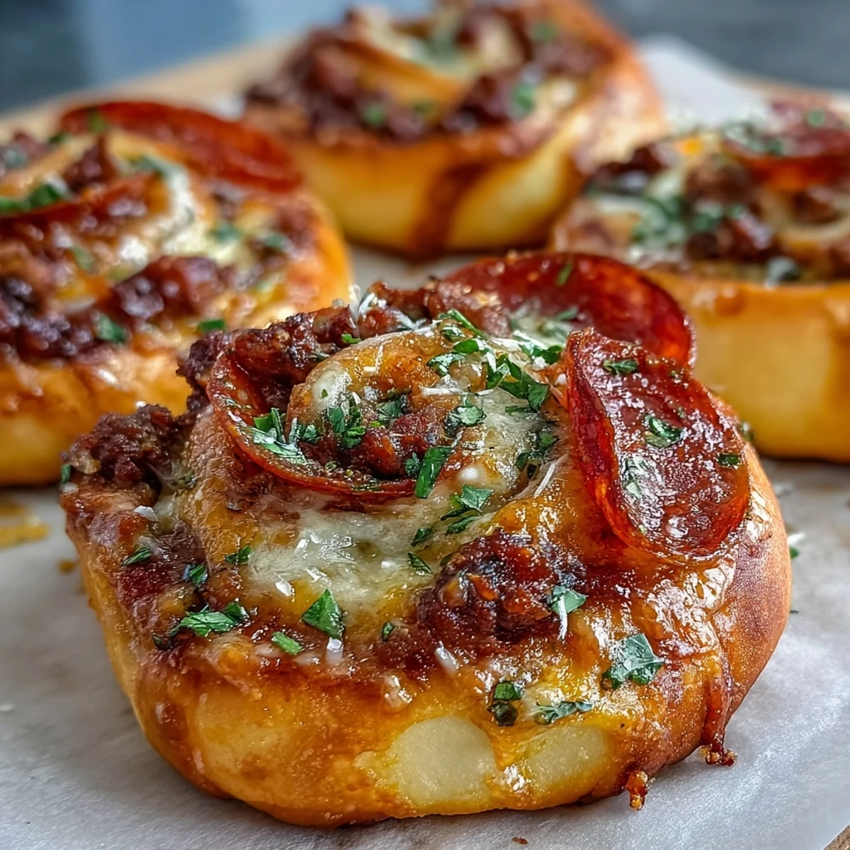 Freshly baked Irresistible High Protein Pepperoni Pizza Rolls arranged on a rustic wooden board with a small bowl of warm pizza sauce for dipping.  