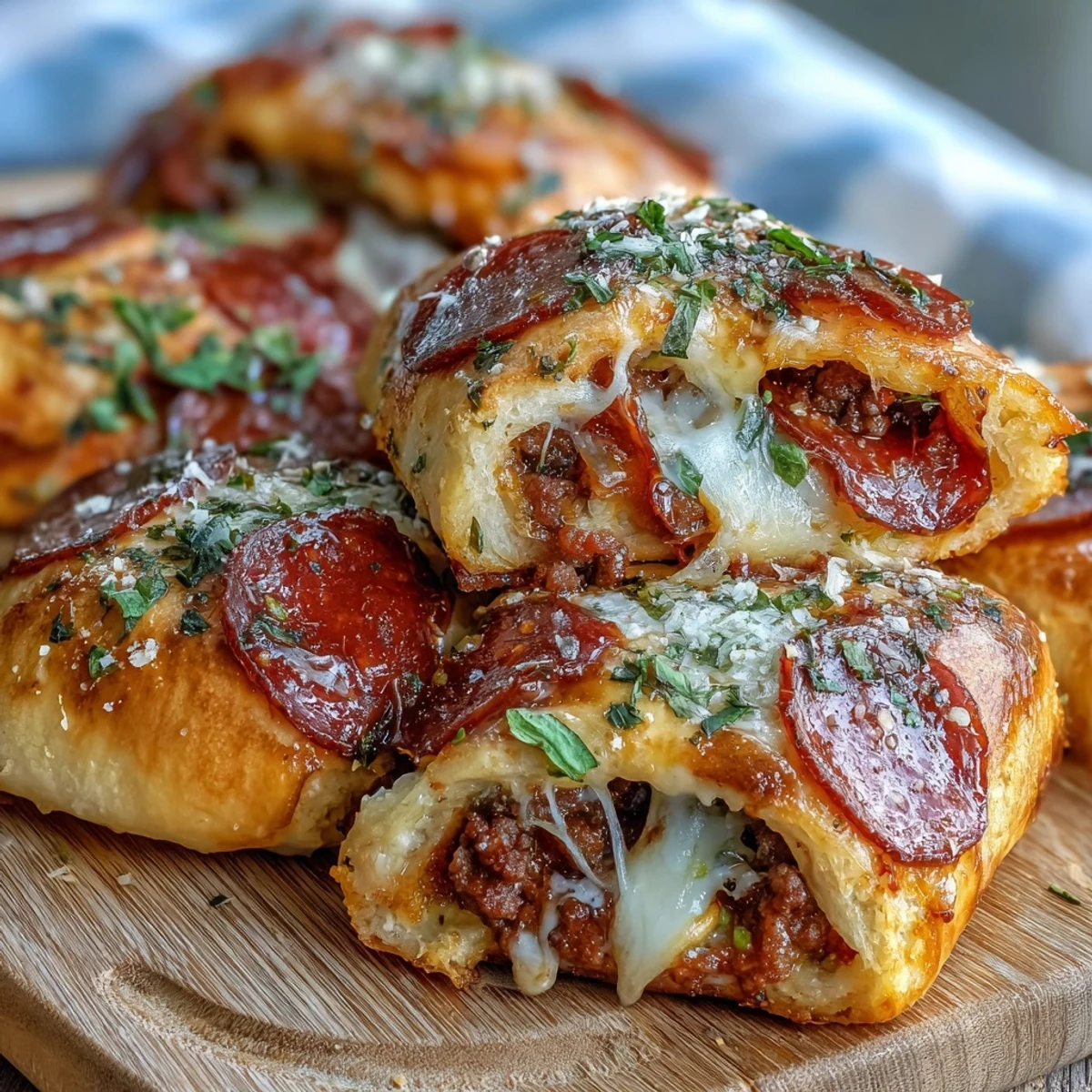 Steam rises from a plate of Irresistible High Protein Pepperoni Pizza Rolls, revealing a cross-section of lean ground beef, turkey pepperoni, and gooey cheese filling.