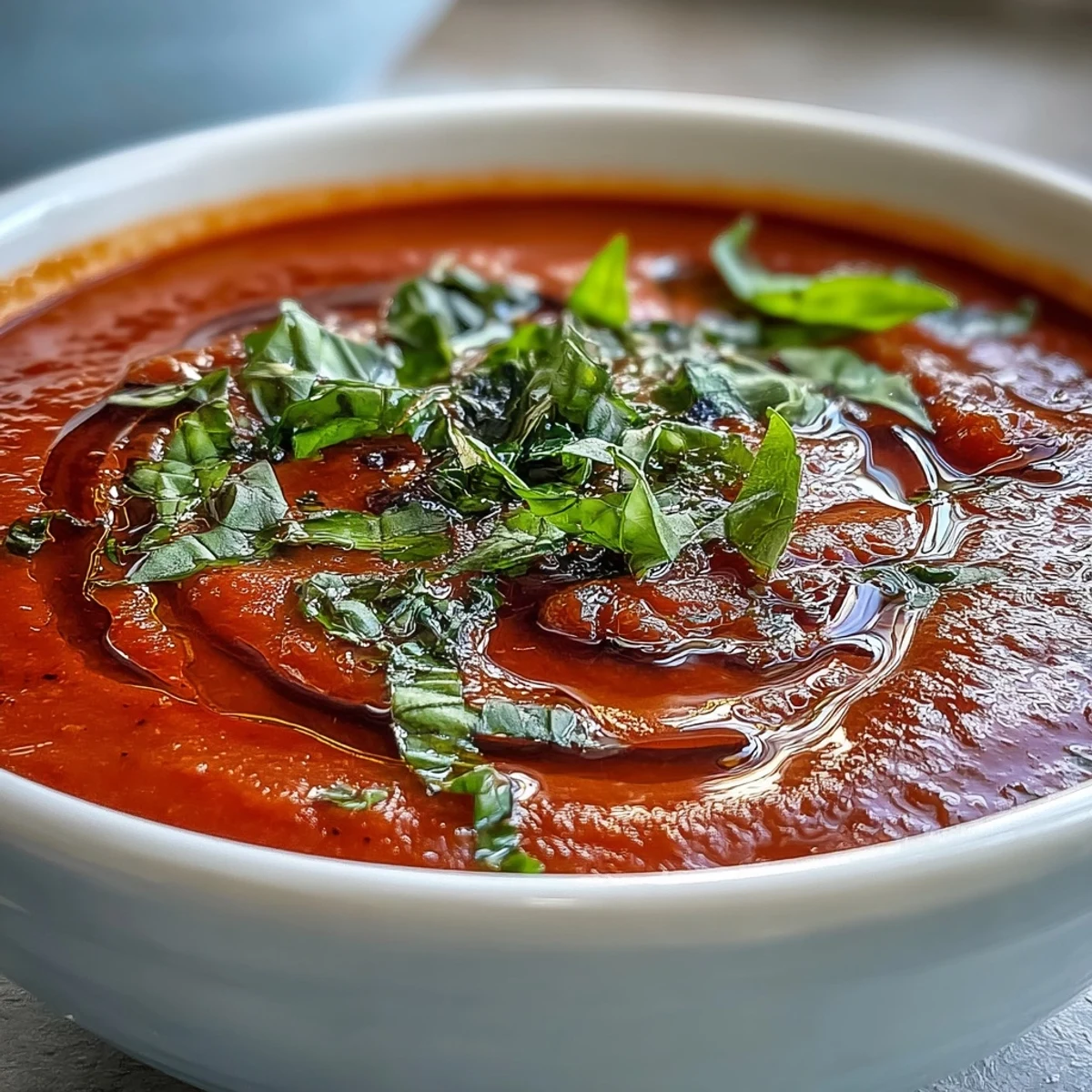 Silky tomato and basil soup, vibrant red, garnished with fresh basil leaves.