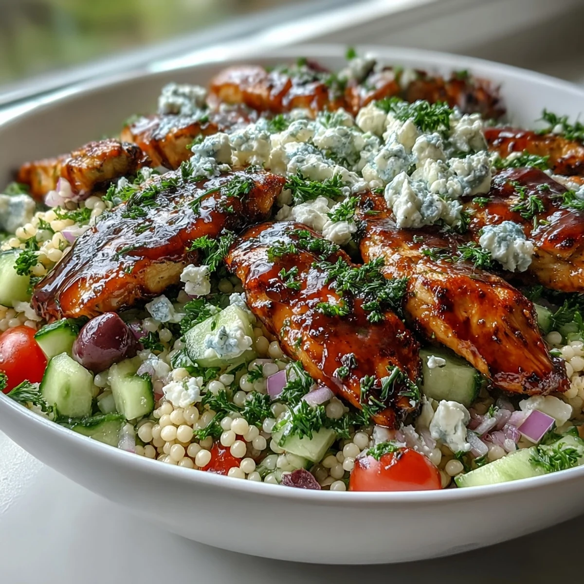 Serve these Mediterranean Pearl Couscous Chicken Bowls garnished with parsley and a lemon wedge.