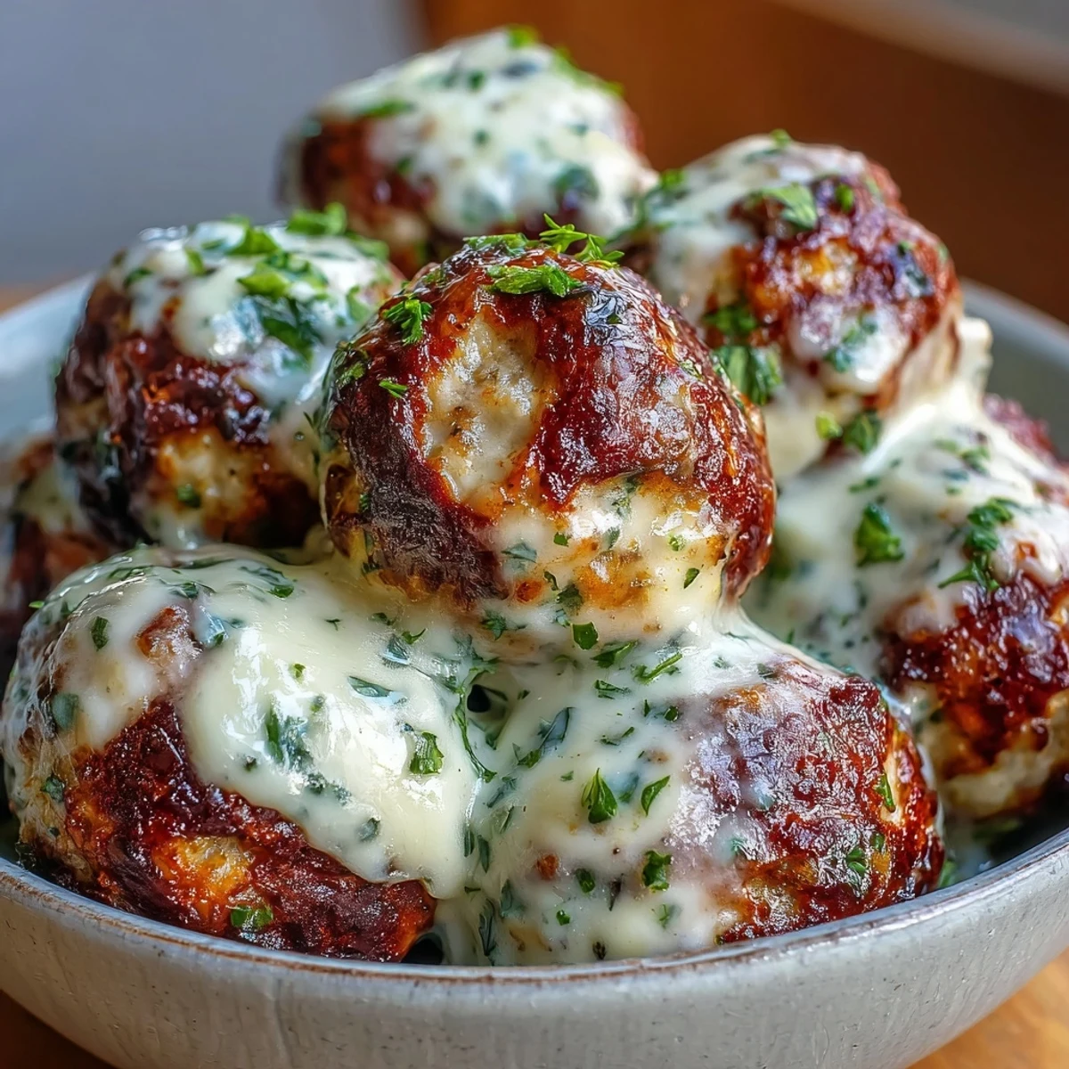 Golden-brown Creamy Garlic Ranch Turkey Meatballs rest in a luscious white garlic sauce, garnished with fresh parsley and ready to serve.