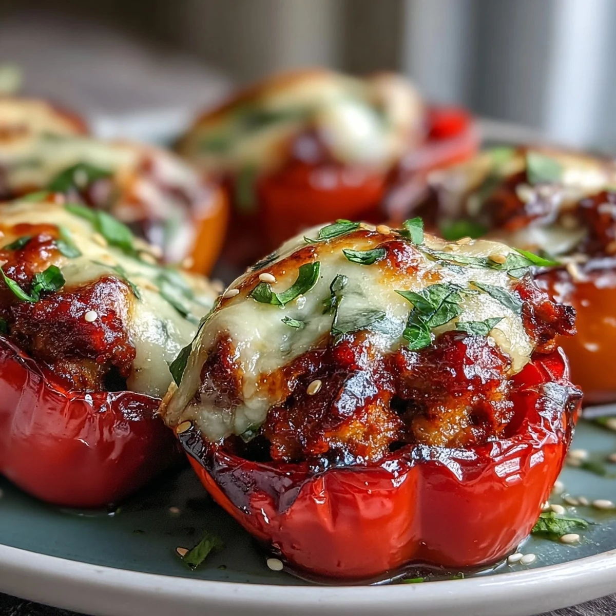 Golden-brown baked Korean-Style Turkey Stuffed Sweet Peppers topped with melted mozzarella and fresh herbs, served warm on a platter.