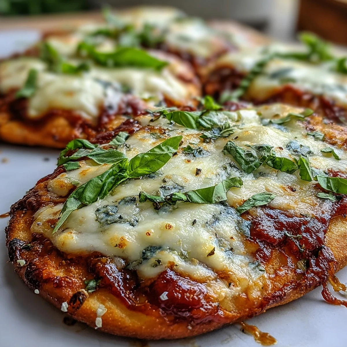 Golden-brown naan crust with gooey mozzarella and fresh basil for a quick 10-minute pizza.