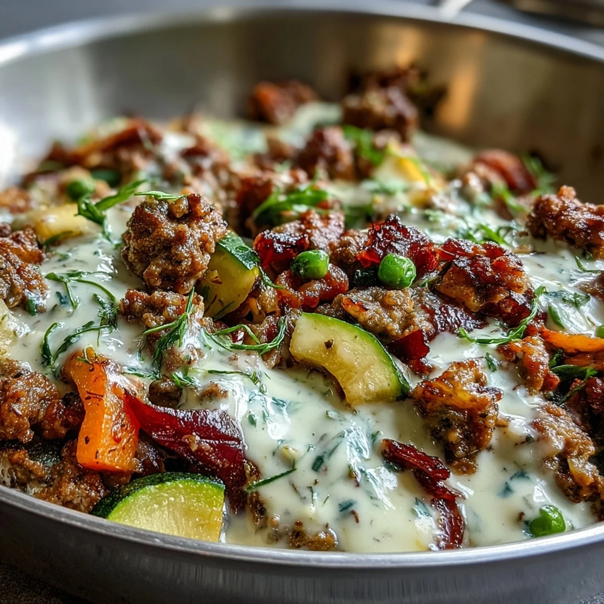Creamy Ranch Turkey & Veggie Skillet simmering in a large skillet with colorful diced vegetables and ground turkey in a rich, tangy white sauce.