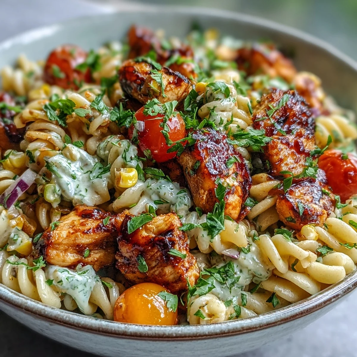 A close-up shows a generous scoop of potluck-ready Honey BBQ Chicken Pasta Salad garnished with parsley.